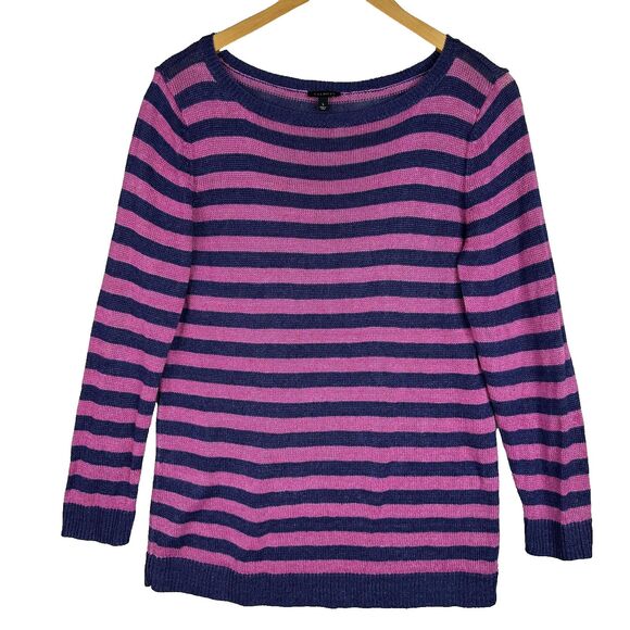 Talbots Sweater Women's L Blue Pink Stripe 100% Linen Knit Long Sleeve Pullover - Picture 1 of 9